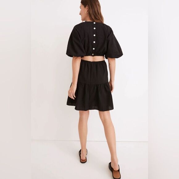 NWT Madewell with FLAWS Seersucker Puff-Sleeve Cutout Mini Dress in Black Size L - Picture 2 of 11